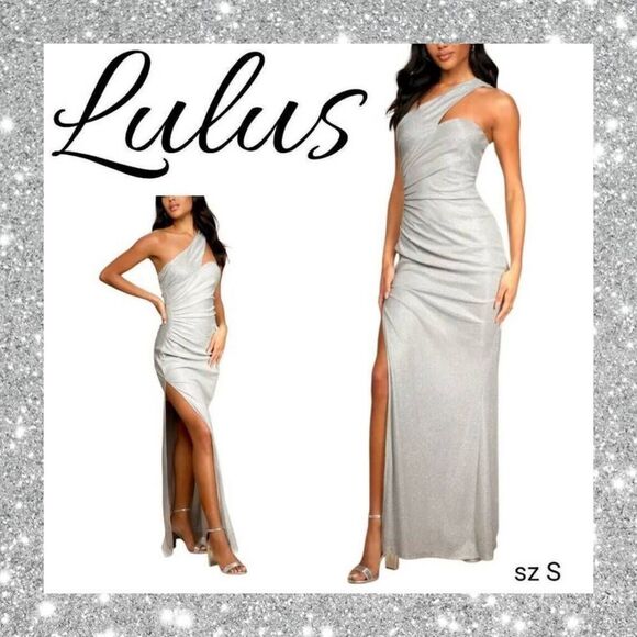 Sparkle Silver Glitter One-Shoulder Shiny Lurex High Slit Gown Long Maxi Dress - Picture 1 of 15